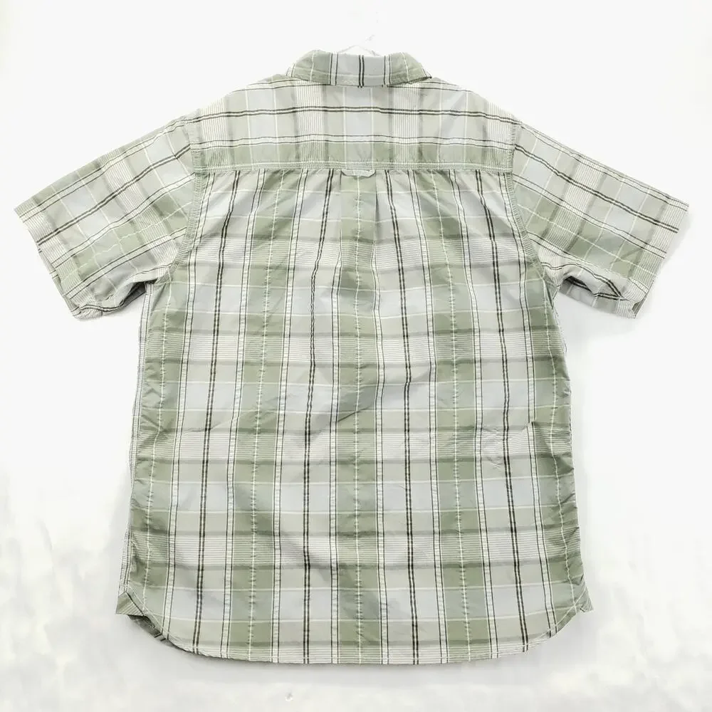 The North Face Shirt Mens Large Olive Green Plaid Nylon Short Sleeve Button-Up